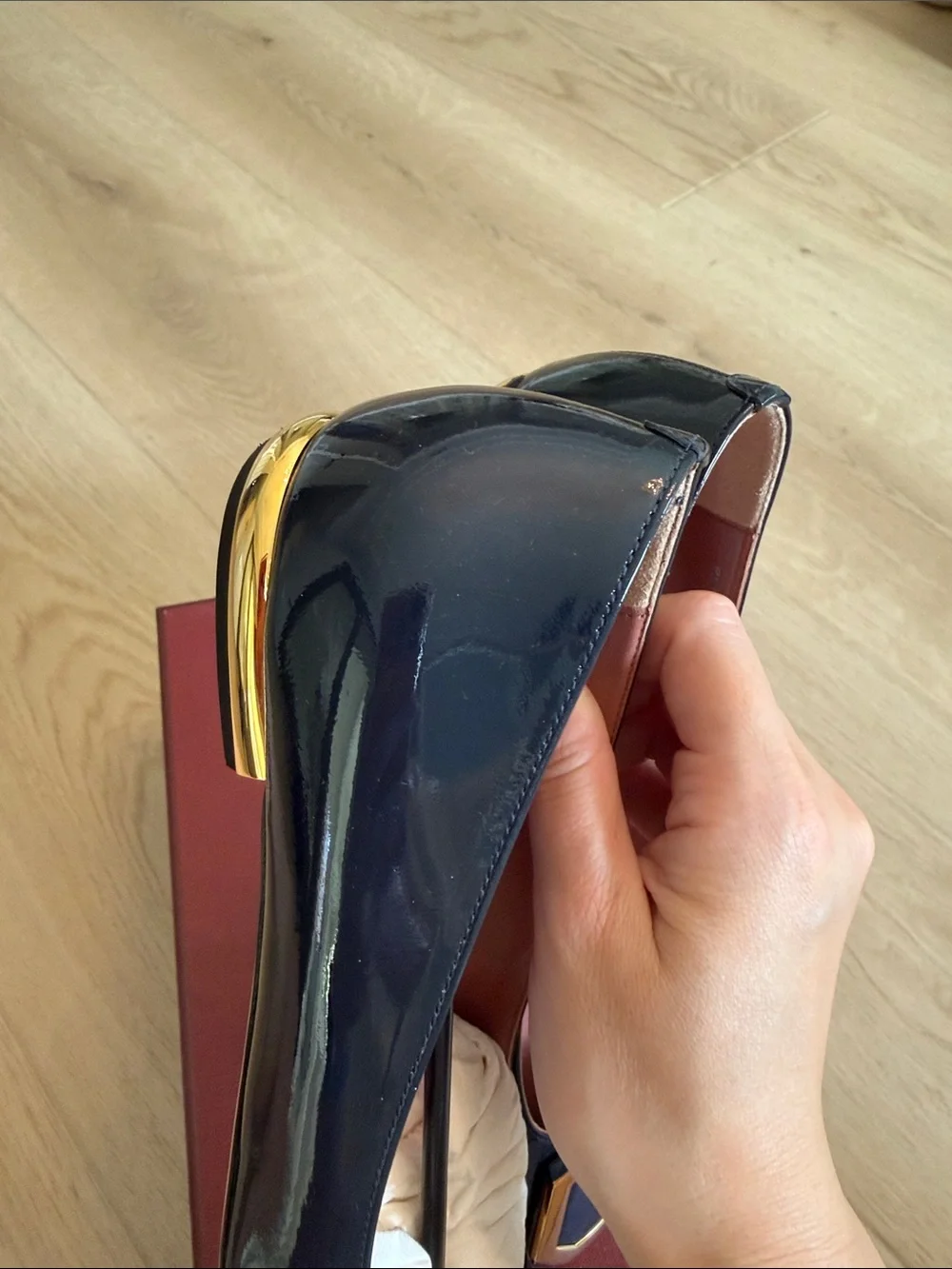 Bally Navy Lamb Patent Leather Square-Buckle Flats